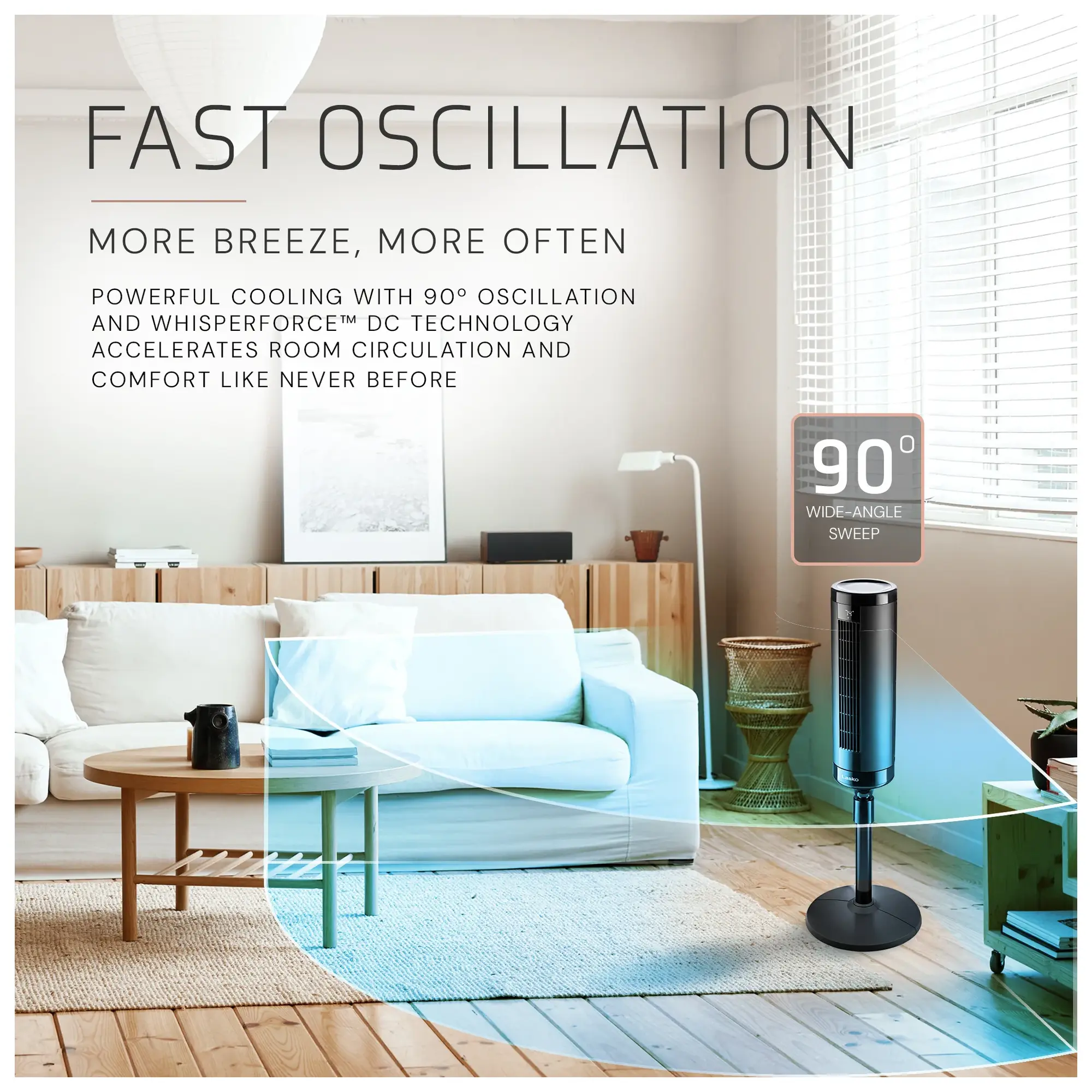 Lasko WhisperForce™ Summit Elevation 8-speed DC Motor Pedestal Tower Fan with Remote & Timer (black, model EST100) - Image 3